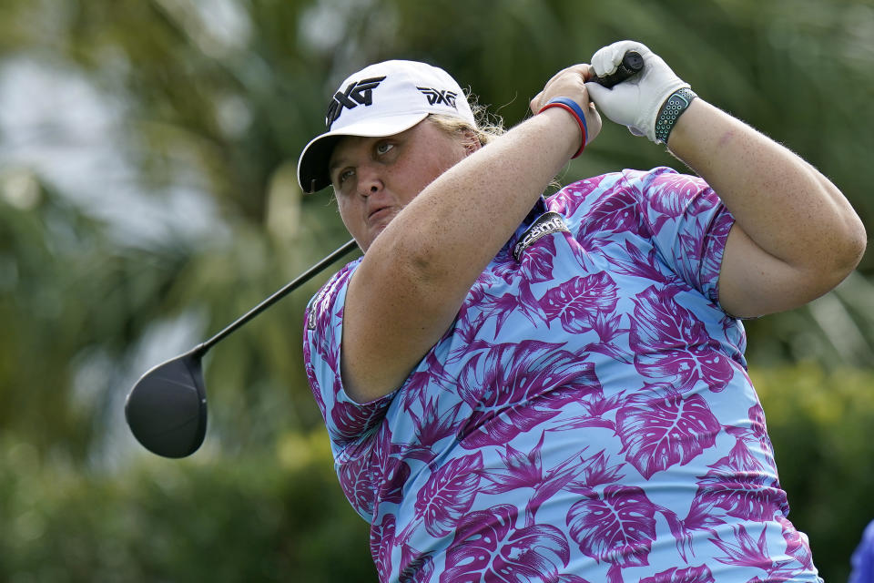 Haley Moore tees off on the first hole during the first round of the LPGA Pelican Women's Championship golf tournament Thursday, Nov. 19, 2020, in Belleair, Fla. (AP Photo/Chris O'Meara)