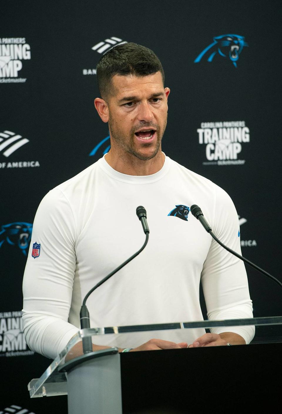 Panthers head coach, Dave Canales spoke to the media after practice Saturday in front of fans at Bank of America Stadium. Fans celebrated the return of Panthers’ football during practice at Bank of America Stadium on Saturday, July 27, 2024 as part of the annual Back Together Saturday event. Practice, which began at 9:30 a.m., included performances by the Panthers entertainment group and activities for fans. Fans cheered on players like Bryce Young (#9), Xavier Legette (#17), Damien Lewis (#68) and head coach Dave Canales.