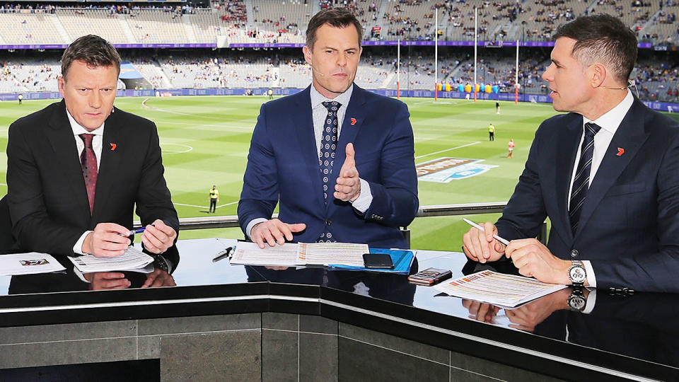 Channel 7 commentators James Brayshaw, Luke Darcy and Matthew Richardson in 2018.  (Photo by Paul Kane/Getty Images)