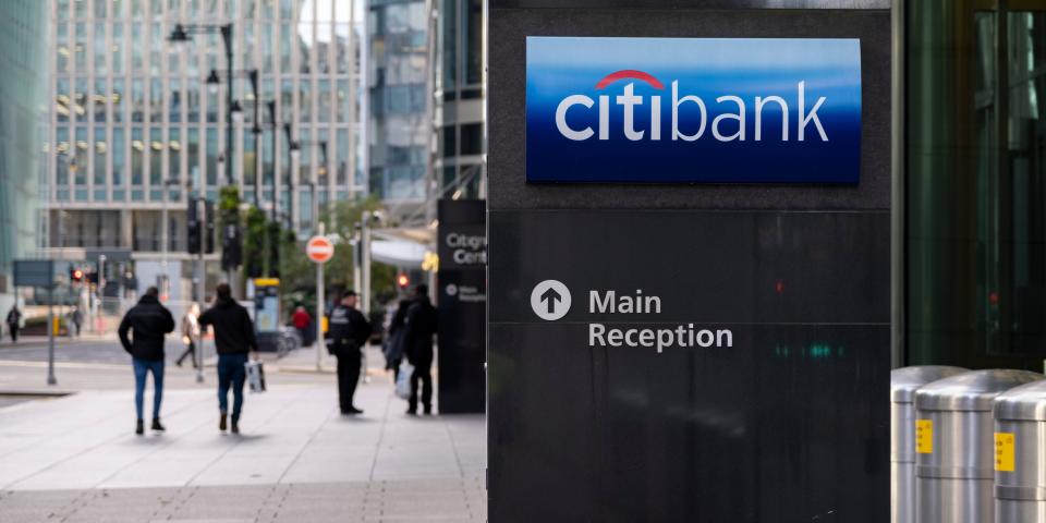 The Citibank building in Canary Wharf, London's financial district.