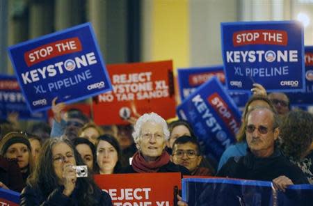 Demonstrators protest against the proposed Keystone XL oil pipeline in San Francisco, California in this February 3, 2014 file photo. Billionaire Tom Steyer's take-no-prisoners stance on Keystone has raised questions about whether he might undercut the party's chance to retain control of the Senate. REUTERS/Stephen Lam/Files