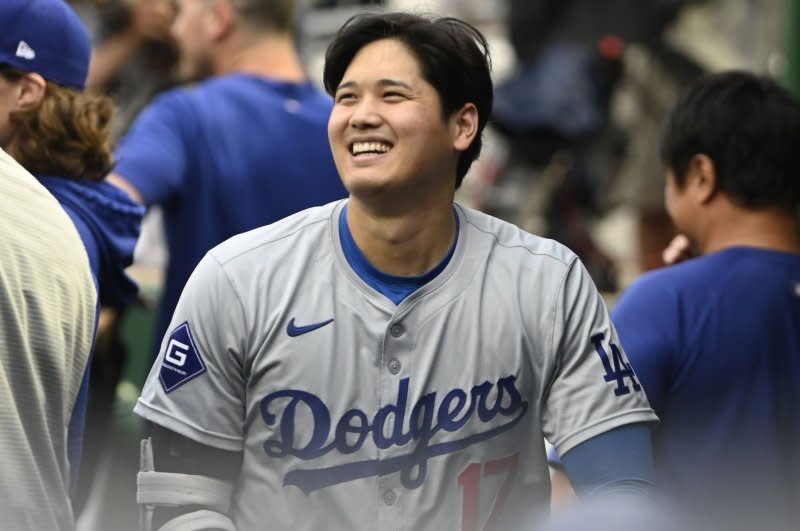 Los Angeles Dodgers designated hitter Shohei Ohtani recorded a home run and two walks Wednesday in Chicago. File Photo by Archie Carpenter/UPI