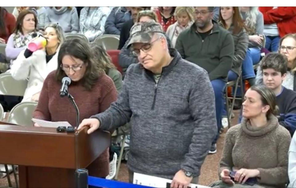 Buckingham resident James Del Rio, right, who identified himself as Franklin Castels at a Central Bucks School Board meeting on March 14, 2023. At the meeting, audience members claimed Del Rio had a concealed firearm.