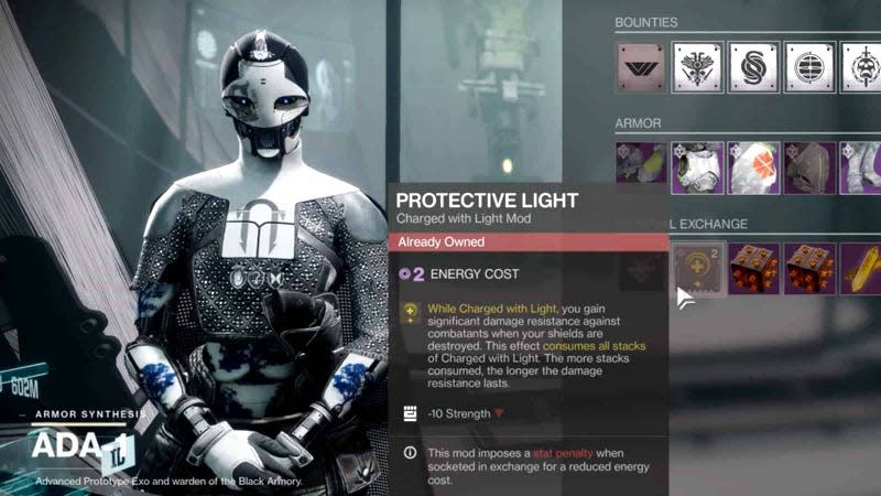 ADA shows a Protective Light armor mod for sale. 