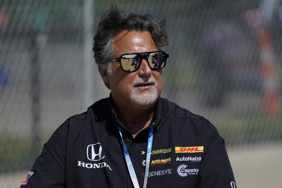 Michael Andretti looks on during practice for the IndyCar Detroit Grand Prix auto racing doubleheader on Belle Isle in Detroit, Friday, June 11, 2021. (AP Photo/Paul Sancya)