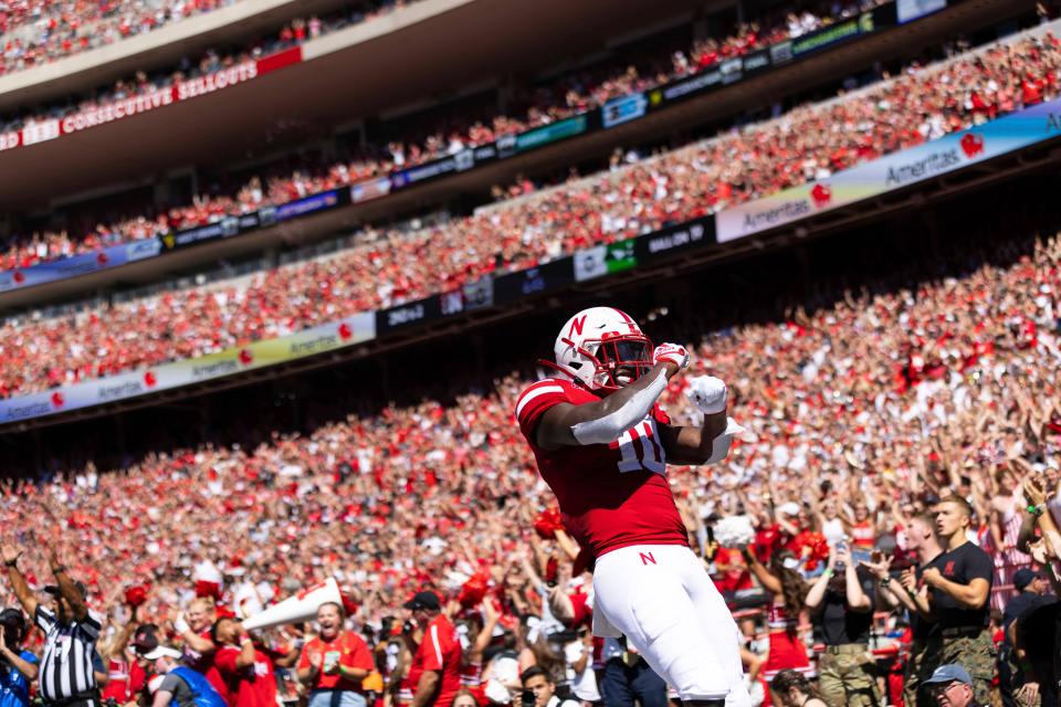 Nebraska's Anthony Grant (10) runs in a touchdown against North Dakota during the first half on Sept. 3 in Lincoln, Nebraska.