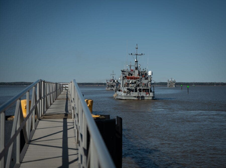 U.S. Army landing craft utility from the 7th Transportation Battalion leave Joint Base Langley-Eustis, Va., for Gaza to assist with humanitarian aid efforts, March 12, 2024. The Army’s LCU’s and logistics support vessels provide ship to shore supply deployment capabilities through its Trident Pier and Modular Causeway System.