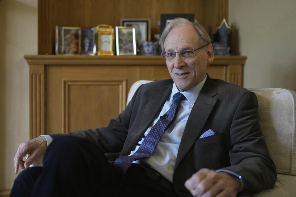 James Wilkinson speaks during an interview in London on April 17, 2023 as Wilkinson sang with the choir during the coronation of Queen Elizabeth II on June 2, 1953. The choristers spent months preparing for the service, learning the music and lyrics to the hymns they would sing during the three-hour long ceremony. Wilkinson knew he was part of something extraordinary, so the future BBC journalist recorded everything he saw, in a looping script on the now-yellowed pages of his diary. (AP Photo/Kin Cheung)