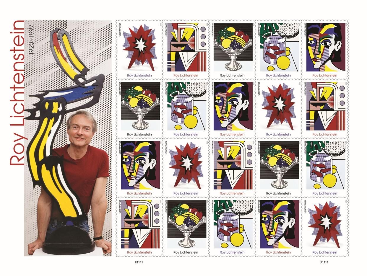 These new stamps honor Roy Lichtenstein (1923–1997), the iconic American artist of the mid-20th-century pop art movement. Each of the five designs in the pane of 20 features one work of art by Lichtenstein.