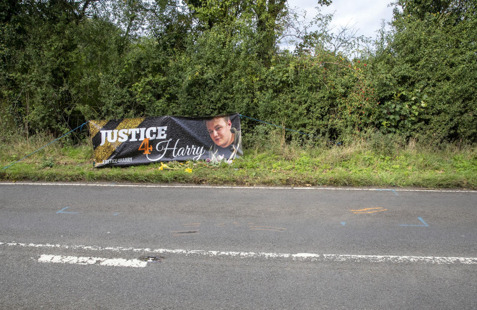 Floral tributes on the B4031 outside RAF Croughton, in Northamptonshire, where Harry Dunn, 19, died when his motorbike was involved in a head-on collision in August.