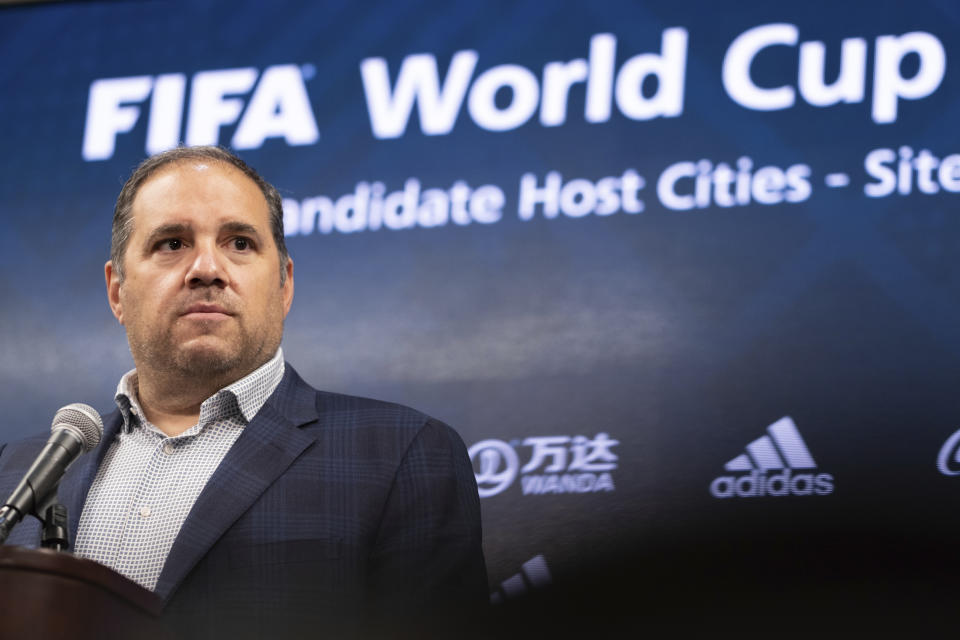 Victor Montagliani, FIFA vice-president and CONCACAF president, takes a question during a press conference Friday afternoon, Sept. 17, 2021 at Mercedes-Benz Stadium in Atlanta. Officials were touring the stadium as part of the FIFA World Cup 2026 Candidate Host City Tour. (AP Photo/Ben Gray)