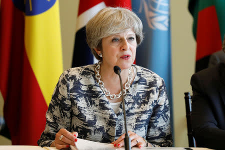 File Photo - British Prime Minister Theresa May speaks during a meeting on the sidelines of the 72nd United Nations General Assembly at U.N. Headquarters in Manhattan, New York, U.S., September 19, 2017. REUTERS/Brendan McDermid