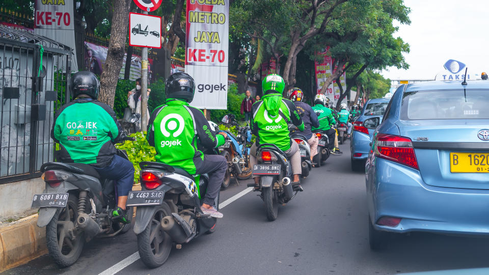 Jakarta, Indonesia - 07th January 2020: Gojek was first established in Indonesia in 2010 as a call centel to connect consumers to courier delivery and two-wheeled ride-hailing services.