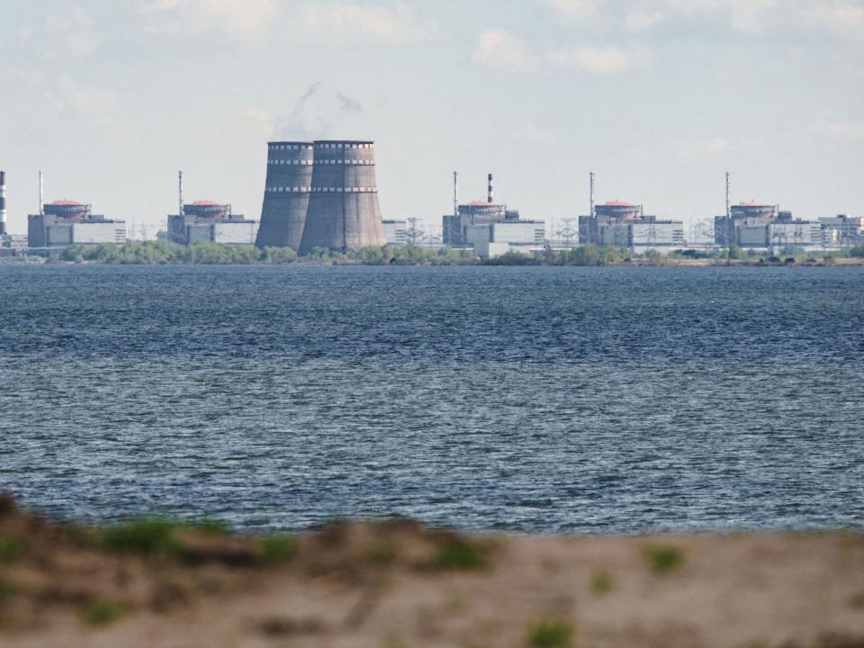 The Zaporizhzhia nuclear power plant is seen from across the river in Nikopol.