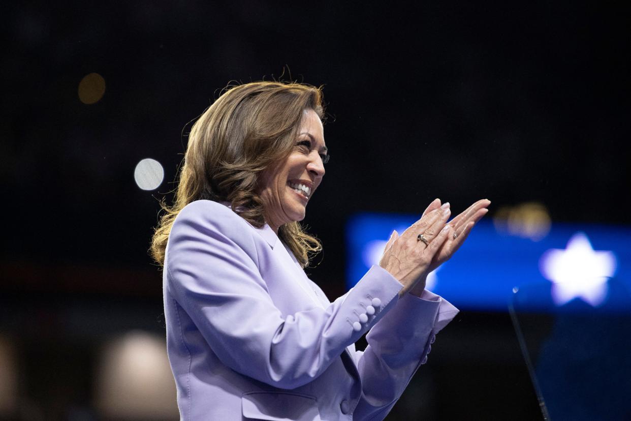 Vice President and Democratic presidential candidate Kamala Harris gestures during a campaign rally at the Thomas and Mack Center, University of Nevada in Las Vegas, Nevada, on August 10, 2024.