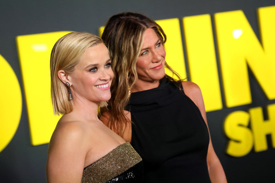 Reese Witherspoon and Jennifer Aniston attend Apple's global premiere of "The Morning Show" on October 28, 2019 in New York City. (Photo: Brian Ach via Getty Images)