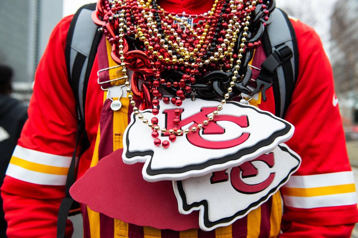 A Chiefs fans arrived blinged out for the celebration during the Kansas City Chiefs Super Bowl LVII victory parade Wednesday.