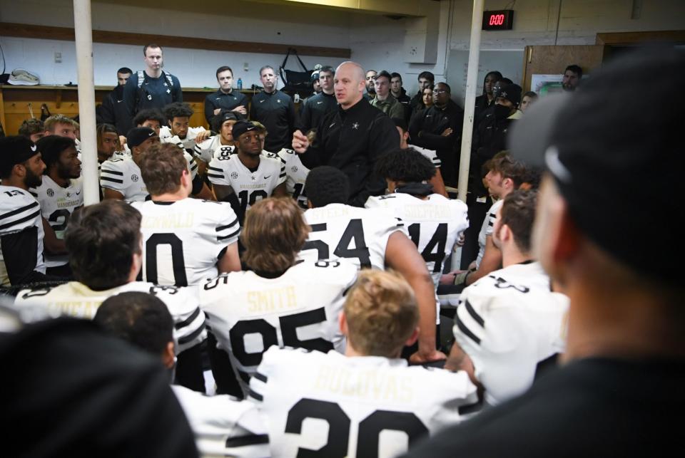 Head coach Clark Lea speaks to players after the final game of their season in the locker room in Neyland Stadium, Saturday, Nov. 27, 2021. 