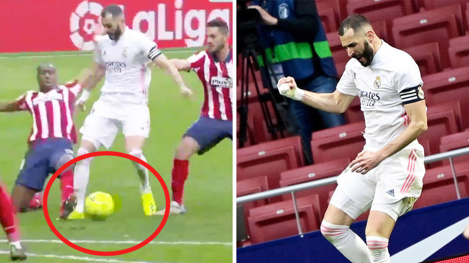 Karim Benzema celebrates his goal (pictured right) and dribbles the ball (pictured left).