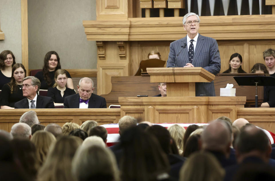 Former Sen. Gordon H. Smith of Oregon speaks at former Sen. Orrin Hatch's funeral at The Church of Jesus Christ of Latter-day Saints Institute of Religion adjacent to the University of Utah in Salt Lake City, Friday, May 6, 2022. (Kristin Murphy/The Deseret News via AP, Pool)