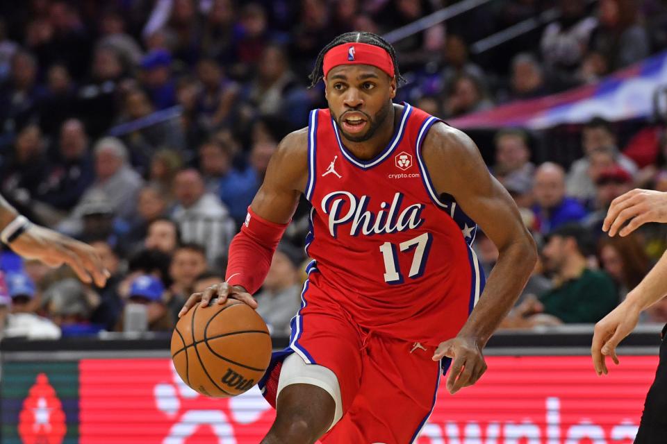 Buddy Hield dribbles during a Philadelphia 76ers game on Feb. 9, 2024.