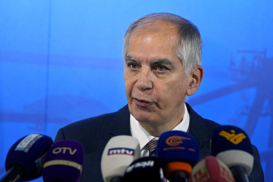 French Ambassador to Lebanon Herve Magro speaks during a conference announcing a French reconstruction plan for the Beirut Port, in Beirut, Lebanon, Wednesday, March 13, 2024. Three and a half years after hundreds of tons of improperly stored ammonium nitrate ignited at the Beirut port, setting off one of the world's biggest non-nuclear explosions, Lebanese and French officials put forward a plan for reconstruction and reorganization of the port Wednesday. (AP Photo/Bilal Hussein)