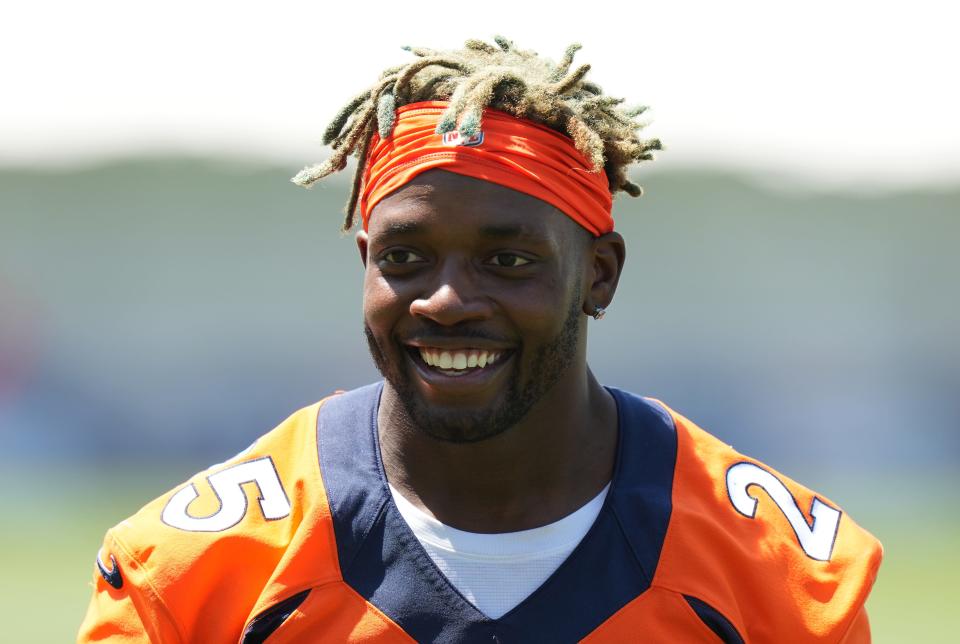 Denver Broncos running back Melvin Gordon (25) following training camp at the UCHealth Training Center.