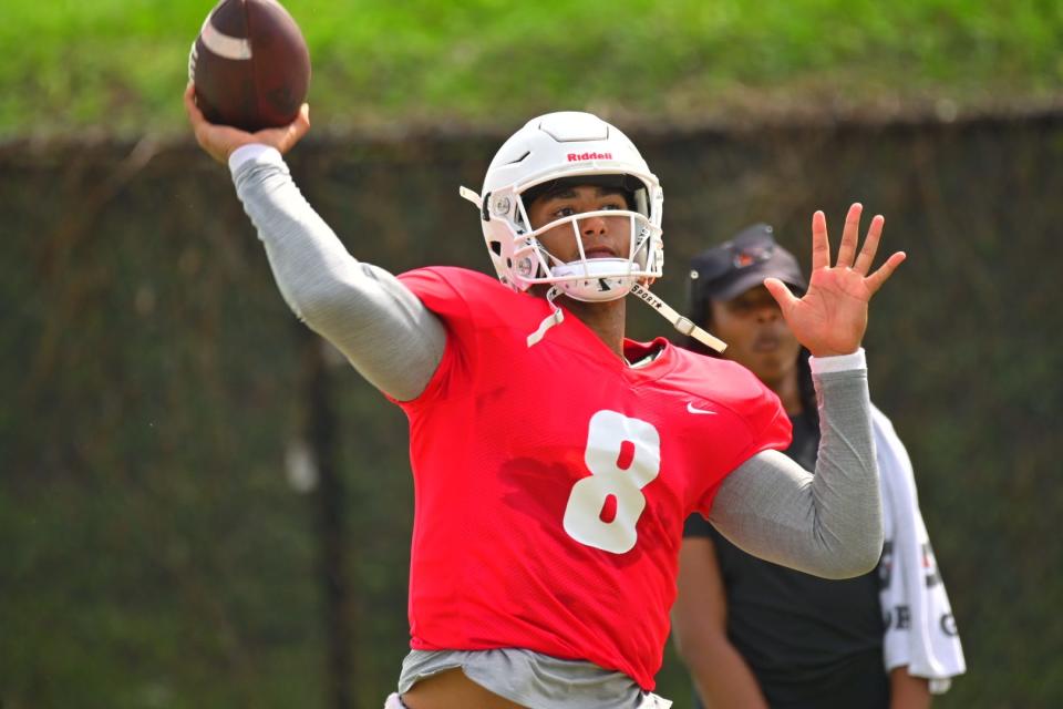 Florida A&M University quarterback Jeremy Moussa (8) attempts a pass during fall training camp, Aug. 10, 2022