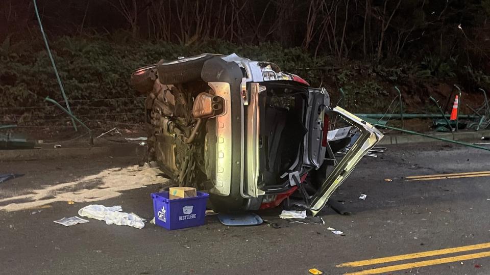 A crash on the Stanley Park Causeway in Vancouver led to the route being closed in both directions Monday evening. (Rafferty Baker/CBC - image credit)