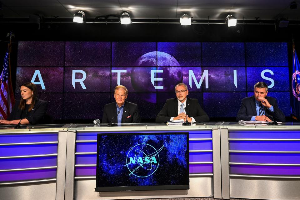 NASA officials hold a press conference after the launch of the Artemis I unmanned lunar rocket was postponed