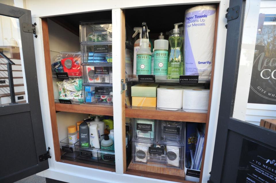 Household cleaning supplies, toiletries and personal care items are stocked in the Necessities Co-op pantry on Hall Avenue in South Braintree that was created by Braintree Girl Scout Troop 62286 to help neighbors in need, Sunday, Nov. 12, 2023.