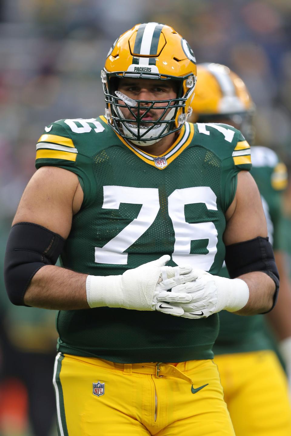 Green Bay Packers guard Jon Runyan (76) prior to an NFL football game against the Chicago Bears, Sunday, Jan. 07, 2024, in Green Bay.