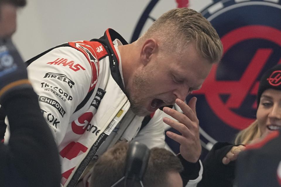 Haas driver Kevin Magnussen, of Denmark, waits for the start of the second practice session for the Formula One Las Vegas Grand Prix auto race, Friday, Nov. 17, 2023, in Las Vegas. (AP Photo/Darron Cummings)