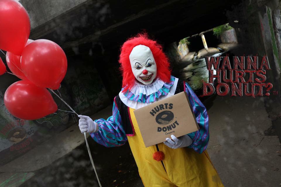 Iowans in the Des Moines and Coralville areas can send a scary clown to deliver doughnuts from Hurts Donut.