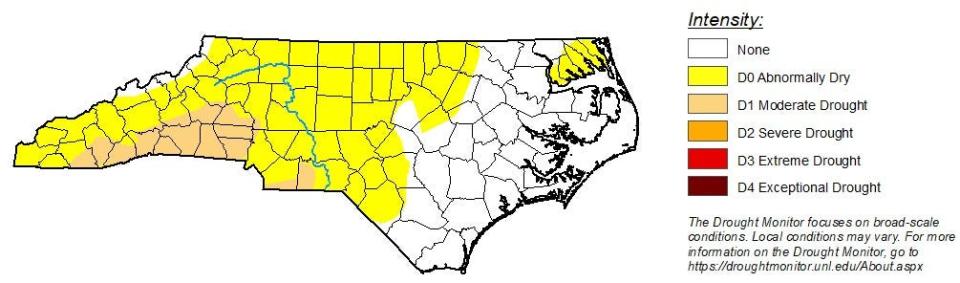 A map, released Oct. 12, shows nearly all of central and Western North Carolina is facing a rainfall deficit.