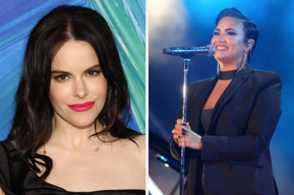 left: Emily Hampshire poses at the 2021 amfAR Gala Los Angeles at Pacific Design Center in November 2021, right: Demi Lovato performs at Global Citizen Live in September 2021