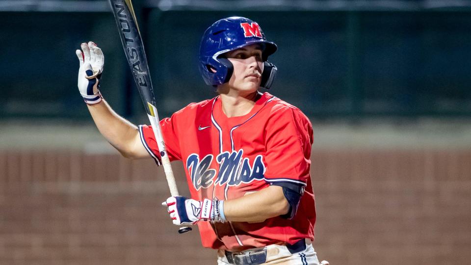 Mississippi infielder/outfielder Justin Bench (8) during an NCAA baseball game on Thursday, March 17, 2022, in Auburn, Ala. (AP Photo/Vasha Hunt)