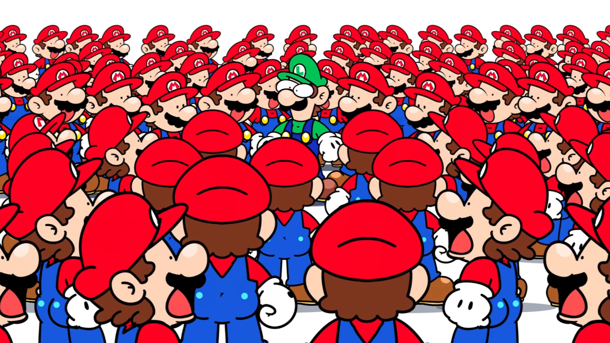  A lot of Marios surround a Luigi. 