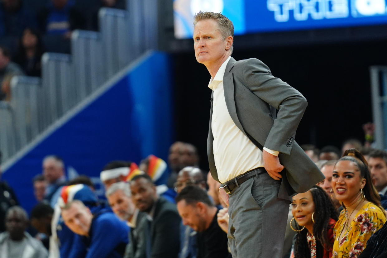 SAN FRANCISCO, CALIFORNIA - JANUARY 16: Head coach Steve Kerr of the Golden State Warriors signals to his team during the first half against the Denver Nuggets at the Chase Center on January 16, 2020 in San Francisco, California. NOTE TO USER: User expressly acknowledges and agrees that, by downloading and/or using this photograph, user is consenting to the terms and conditions of the Getty Images License Agreement. (Photo by Daniel Shirey/Getty Images)