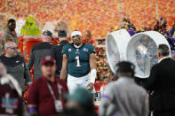 Philadelphia Eagles quarterback Jalen Hurts (1) reacts after their loss against the Kansas City Chiefs in the NFL Super Bowl 57 football game, Sunday, Feb. 12, 2023, in Glendale, Ariz. Kansas City Chiefs defeated the Philadelphia Eagles 38-35. (AP Photo/Ross D. Franklin)