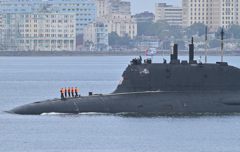 The Russian nuclear-powered submarine Kazan, part of the Russian naval detachment visiting Cuba, arrives at Havana's harbor, June 12, 2024. / Credit: Adalberto Roque/AFP via Getty Images