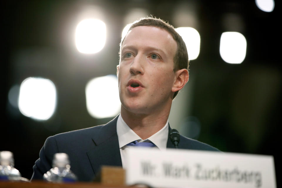 FILE - Facebook CEO Mark Zuckerberg testifies before a joint hearing of the Commerce and Judiciary Committees on Capitol Hill in Washington, April 10, 2018, about the use of Facebook data to target American voters in the 2016 election. Zuckerberg, who was back in damage control mode on Wednesday, Jan. 31, 2024, when he apologized to the parents of children exploited, bullied or driven to self harm via social media, has accumulated a long history of public apologies, often issued in the wake of crisis or when Facebook users rose up against unannounced changes in its service. (AP Photo/Alex Brandon, File)