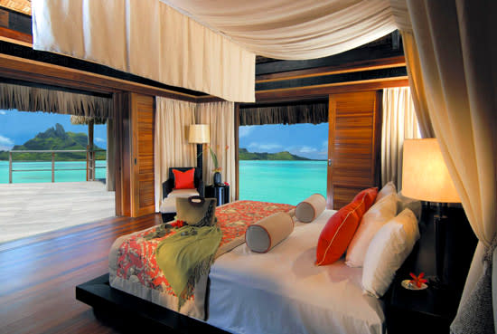 <p><b>19. The St. Regis Bora Bora Resort</b></p>The St. Regis Bora Bora Resort is located in Bora Bora, French Polynesia and has an average price of $1459 per night. Offering the most exclusive island accommodations in the region, the hotel matches blissful Polynesian paradise with flawless signature service.<p>(Image source: Hotel website)</p>