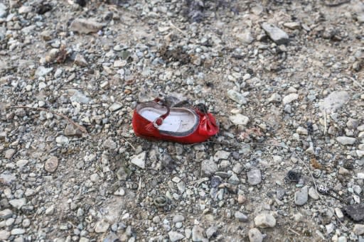 A child's shoe is pictured at the scene of a Ukrainian airliner crash in Iran which killed all 176 people on board, just after Iran fired missiles at bases in Iraq housing US troops