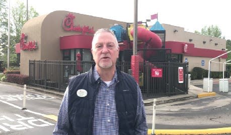 Augusta Chick-fil-A franchisee John Powell stands outside his restaurant at 3066 Washington Road in April 2022, just before it close for renovations.