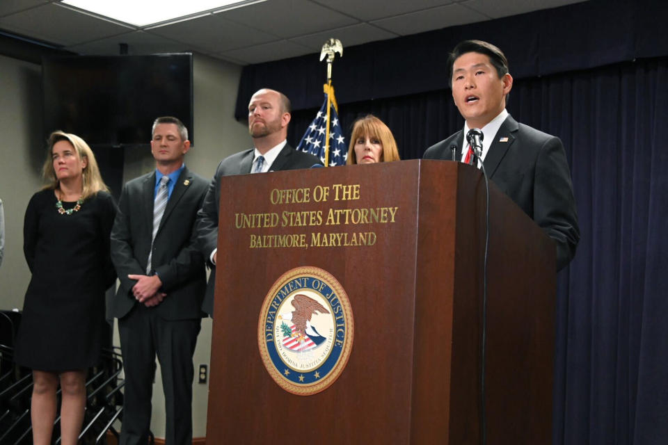 U.S. Attorney Robert K. Hur, right, speaks at a press conference announcing the indictment of former Baltimore Mayor Catherine Pugh, Wednesday, Nov. 20, 2019, in Baltimore. Pugh was charged Wednesday with fraud and tax evasion involving sales of her self-published children's books. (Lloyd Fox/The Baltimore Sun via AP)