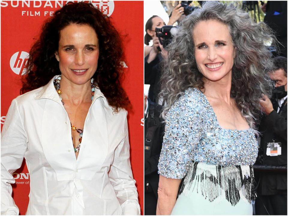 andie macdowell with brown and gray hair