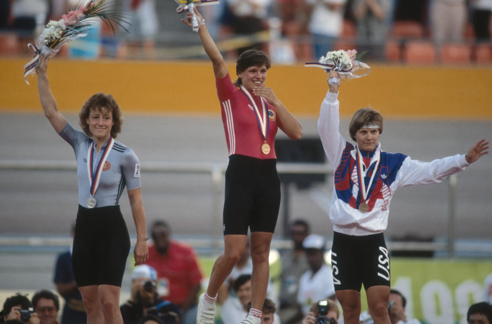 Silver medallist Christa Luding of East Germany, Gold medallist Erika Salumae of the Soviet Union and right Bronze medallist Connie Paraskevin duing the medal ceremony at the Olympic Games in Seoul. Mike Powell—Getty Images