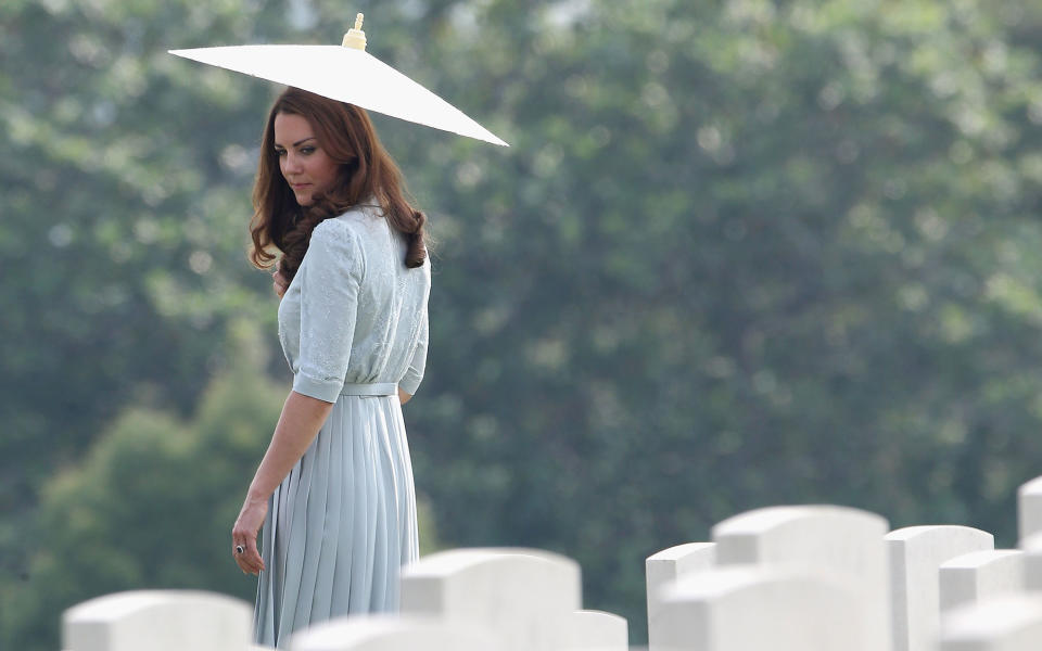 <p>To attend the Kranji War Memorial in Singapore, Kate wore a duck egg blue Jenny Packham dress. She's been spotted wearing several of the designers frocks over the years and has quickly become a favorite of the Duchess.</p>