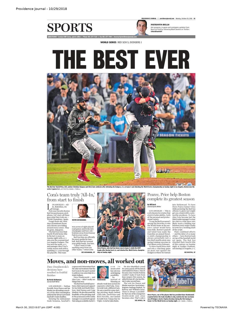 Good old days. The Providence Journal Sports cover from Oct. 29, 2018, when the Red Sox won the World Series, with the most wins in franchise history.